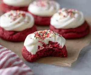 Delicious Crumbl Red Velvet Cupcake Cookies with cream cheese frosting.