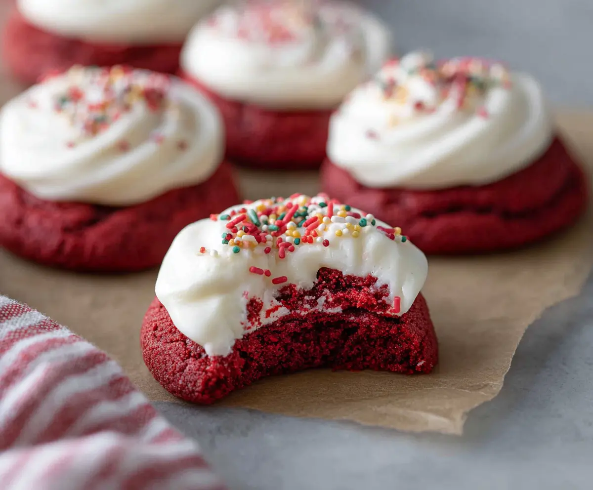 Delicious Crumbl Red Velvet Cupcake Cookies with cream cheese frosting.