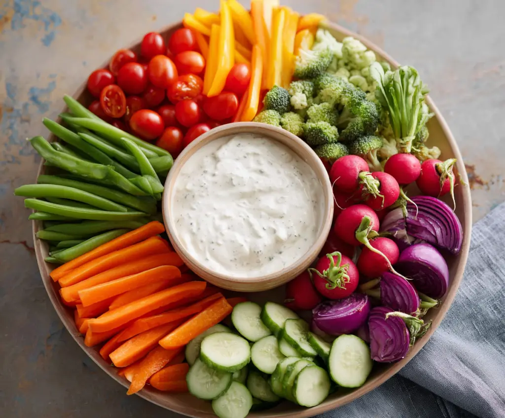 Colorful veggie platter with hummus dip, perfect for healthy snacking and entertaining.