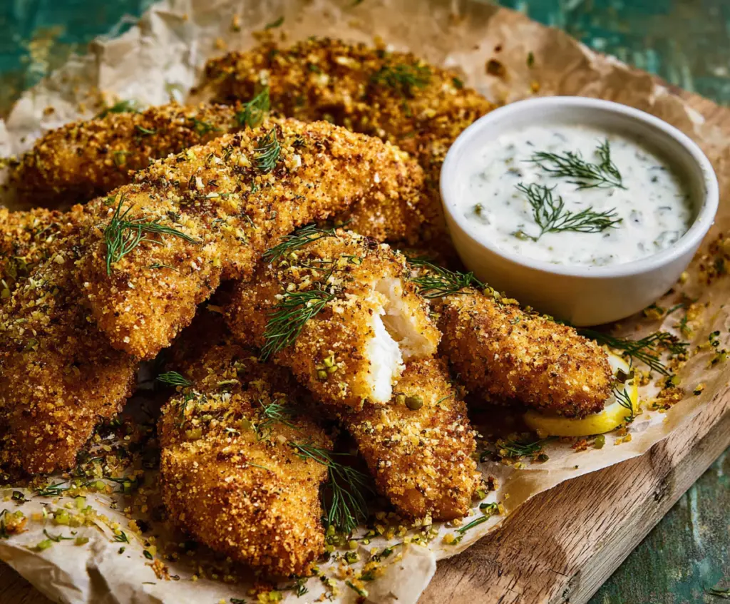 Delicious Dill Pickle Ranch Chicken Tenders served with fresh herbs and crispy coating.