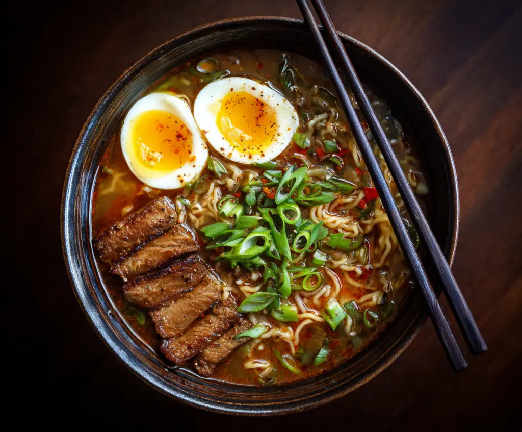 Delicious Egg Drop Ramen Soup with silky eggs and steaming broth in a bowl.