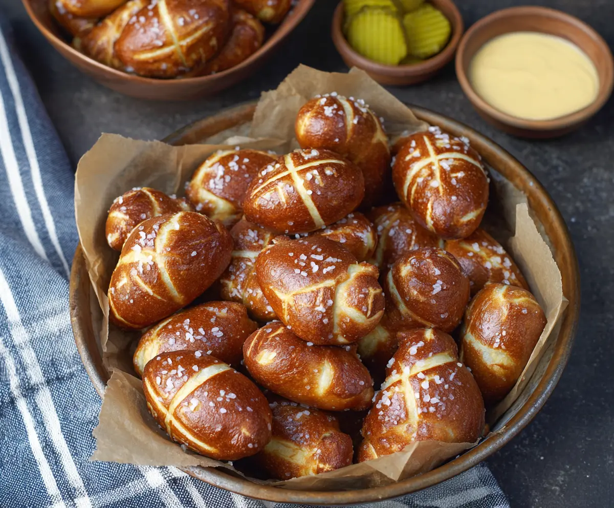 Football-shaped soft pretzel bites served with dipping sauces, perfect for game day snacks.