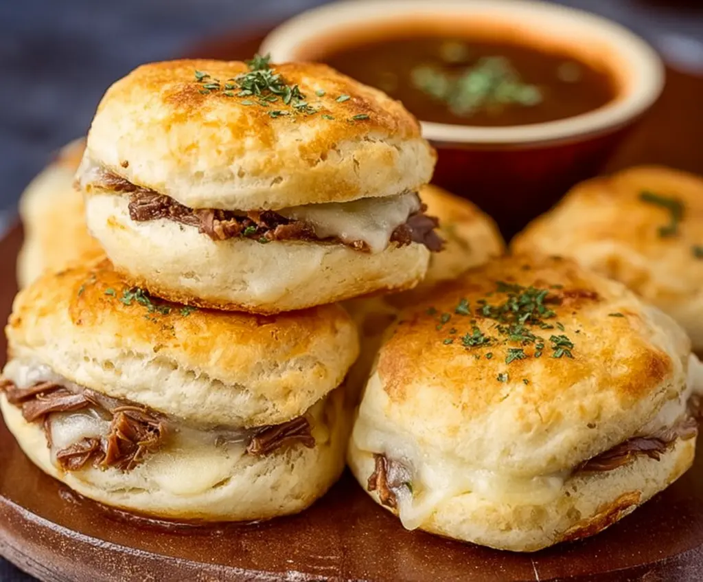 Delicious French Dip Biscuits with tender meat and melted cheese served hot.