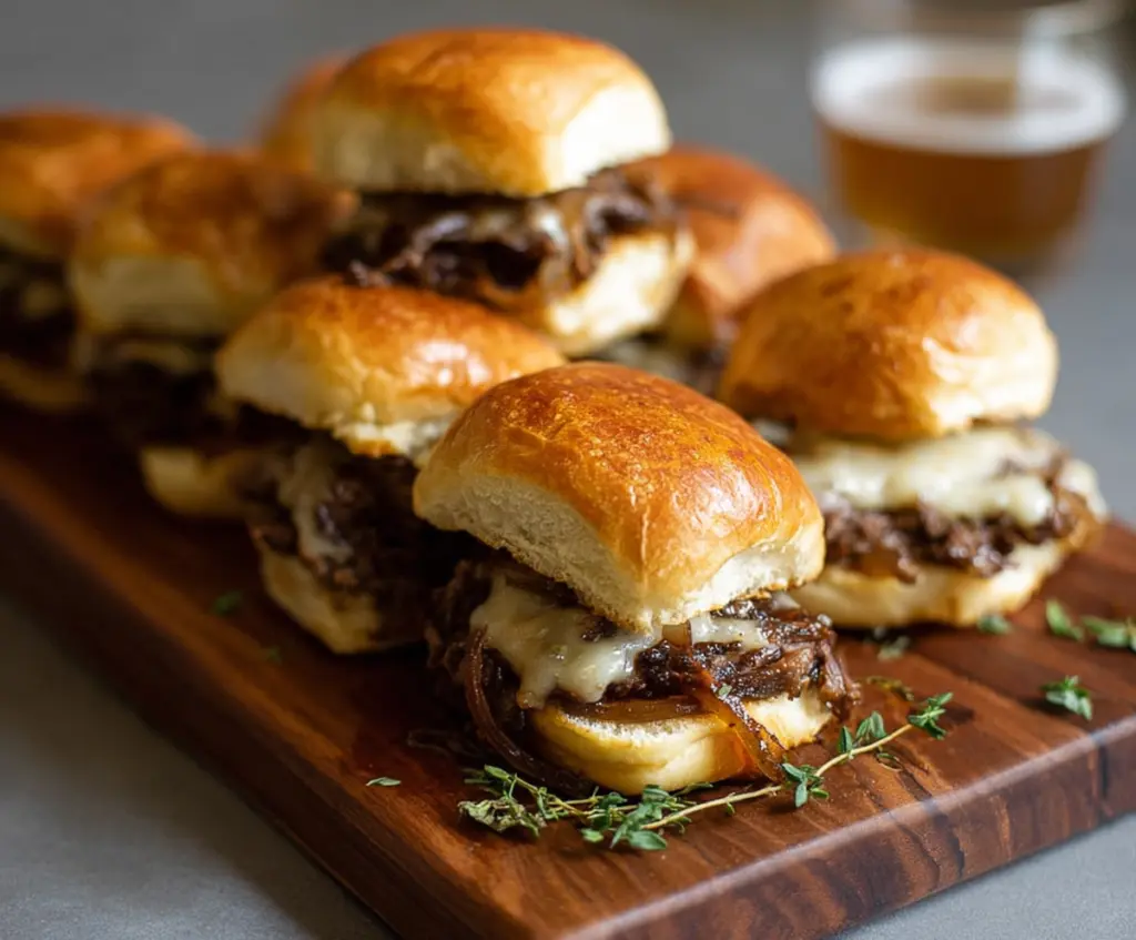 Delicious French Onion Beef Sliders topped with caramelized onions and melted cheese on soft slider buns.