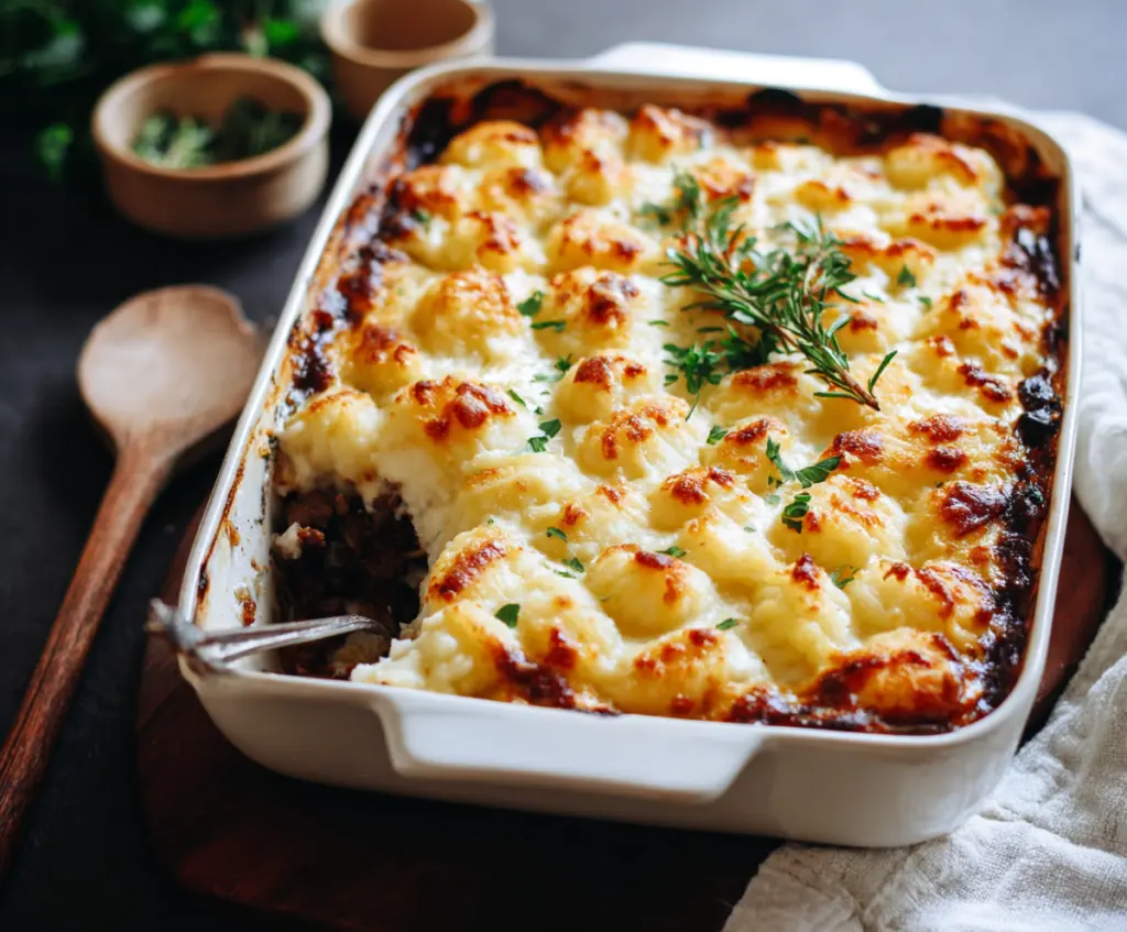 Delicious Gnocchi Shepherd's Pie with golden mashed potato topping and savory filling