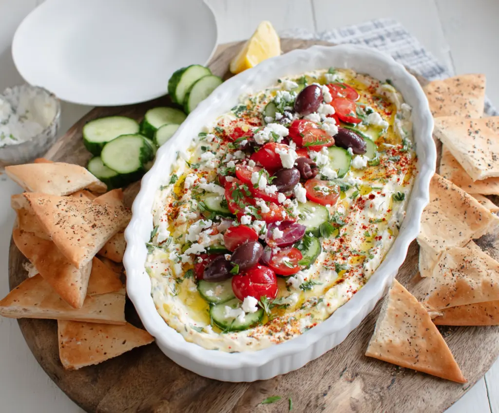 Delicious Greek Layer Dip layers with creamy feta, hummus, and fresh vegetables for a flavorful appetizer.