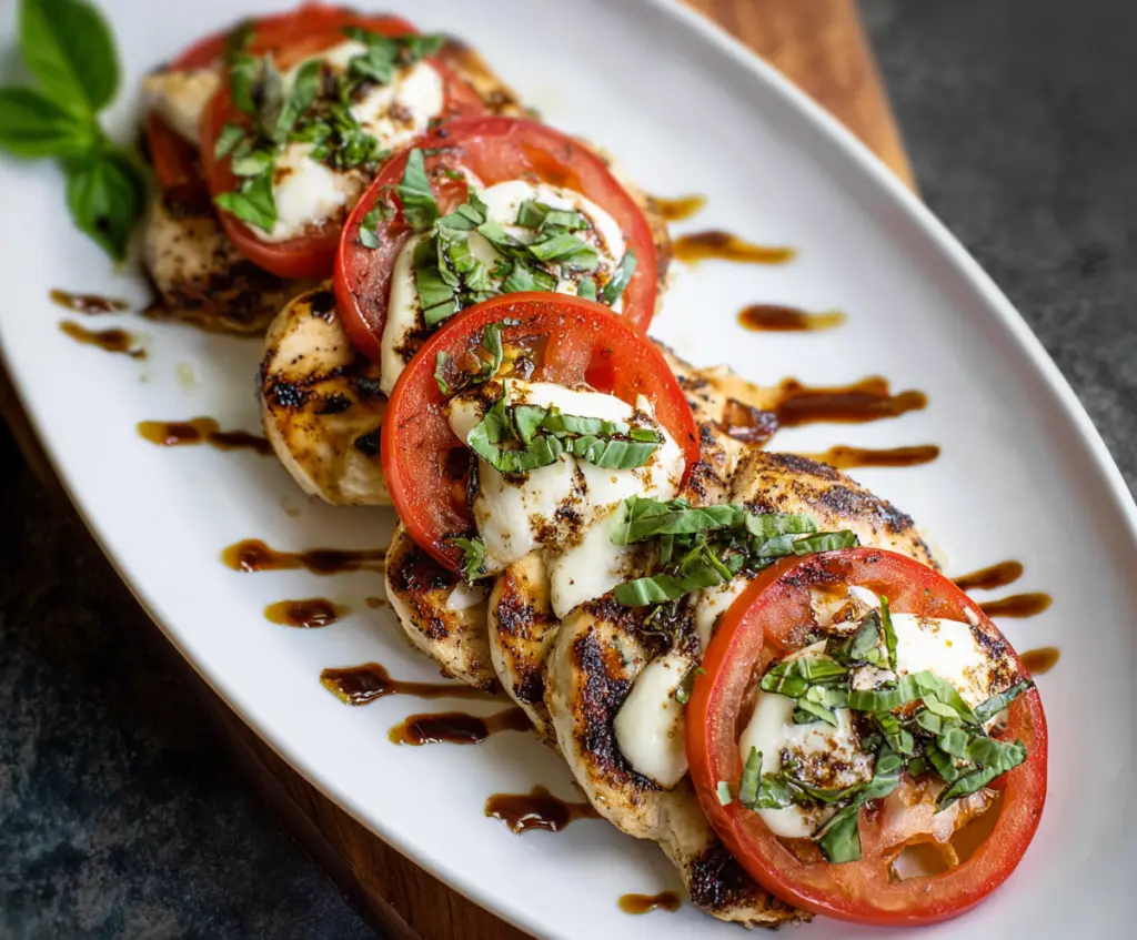 Delicious Grilled Chicken Caprese with fresh tomatoes, basil, and melted mozzarella cheese on a plate.
