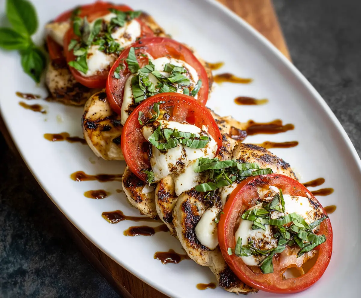 Delicious Grilled Chicken Caprese with fresh tomatoes, basil, and melted mozzarella cheese on a plate.