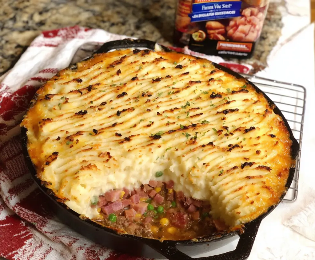 Delicious Ham Shepherd's Pie with mashed potato topping and savory ham filling