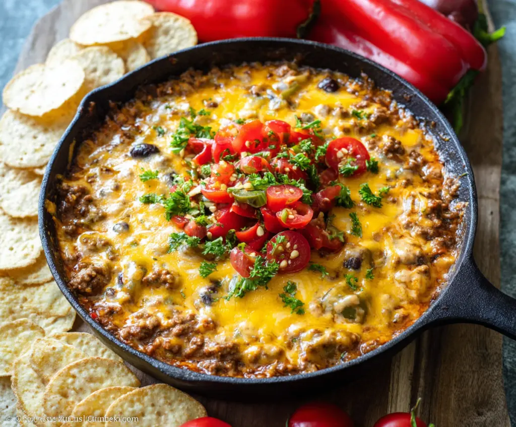 Delicious homemade hamburger meat dip served with crispy chips on a festive table.