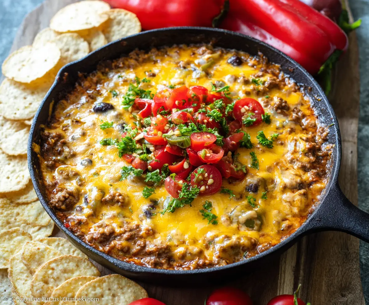 Delicious homemade hamburger meat dip served with crispy chips on a festive table.