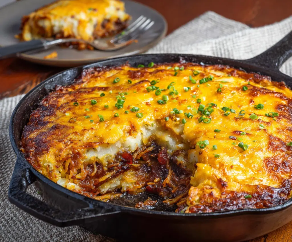 Delicious Hash Brown Shepherd's Pie with crispy golden crust and hearty meat filling