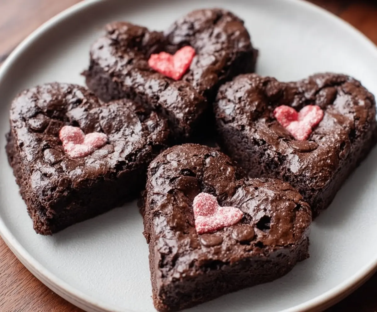 Delicious heart-shaped brownies with rich chocolate glaze, perfect for romantic occasions.