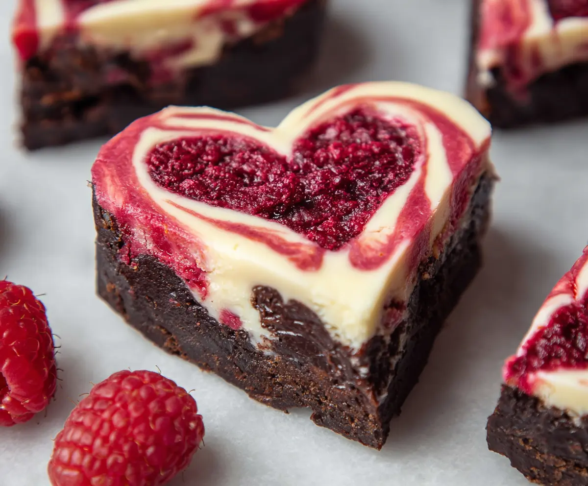 Delicious heart-shaped raspberry cheesecake brownies with a rich chocolate base and fresh raspberry topping.