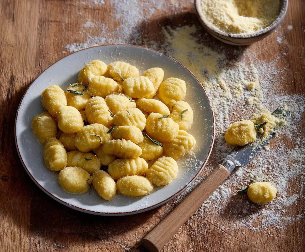 Homemade potato gnocchi served with fresh herbs on a rustic plate.