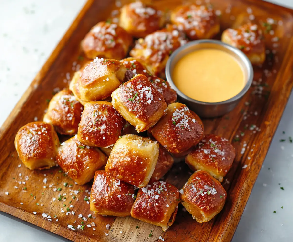 Golden-brown homemade soft pretzel bites on a rustic wooden surface, perfect for snacking.