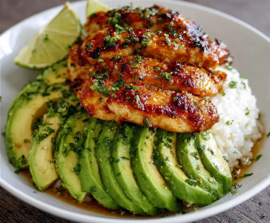 Juicy Honey Lime Chicken topped with fresh avocado slices on a plate.
