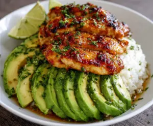 Juicy Honey Lime Chicken topped with fresh avocado slices on a plate.