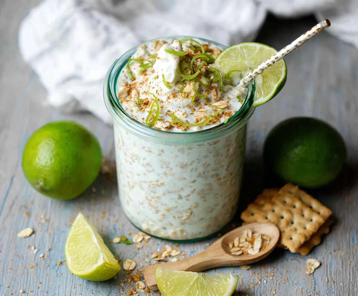 Creamy Key Lime Pie Overnight Oats topped with fresh lime slices and whipped cream for a refreshing breakfast.