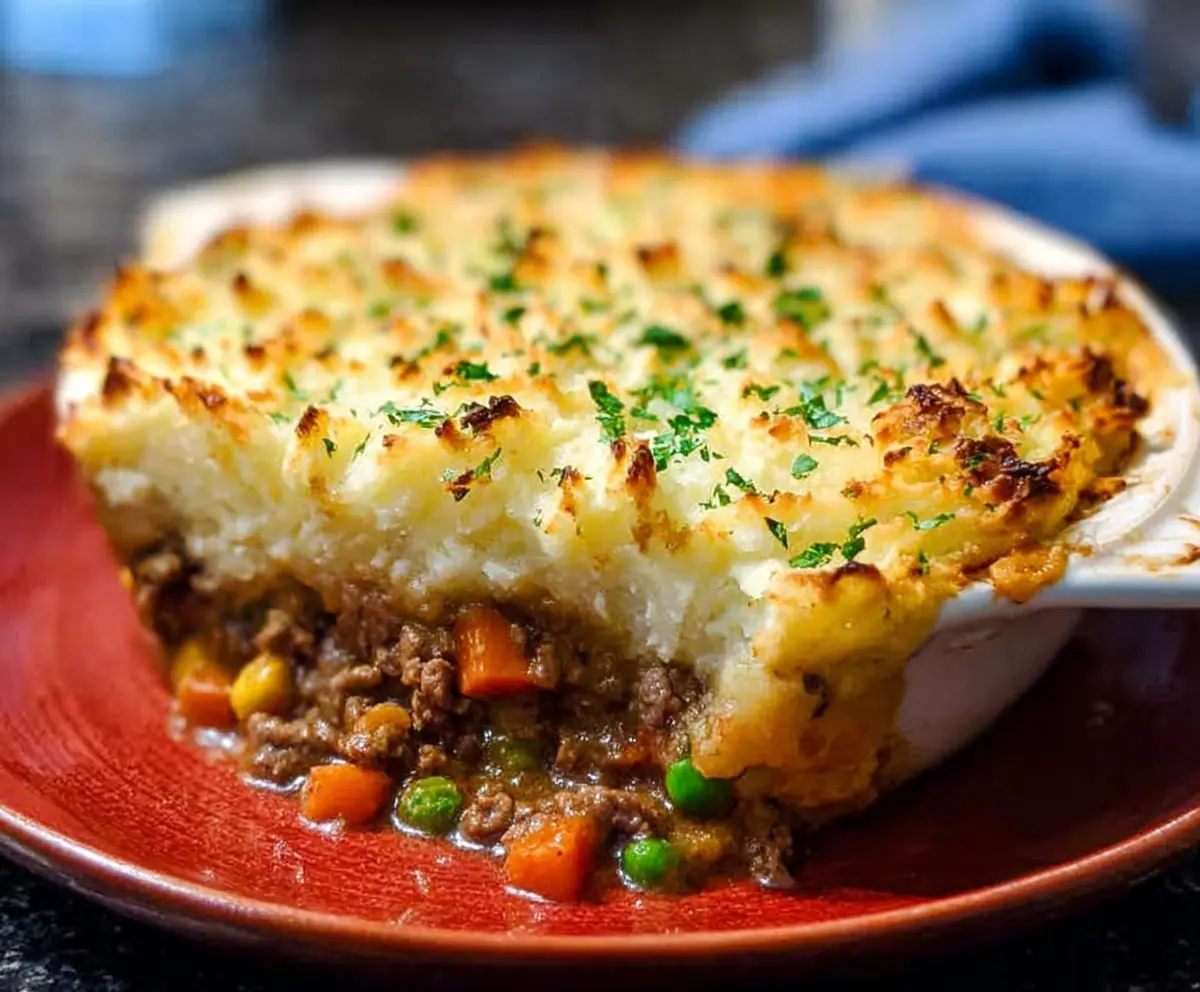 Delicious homemade Lamb Shepherd's Pie topped with golden mashed potatoes and melted cheese.