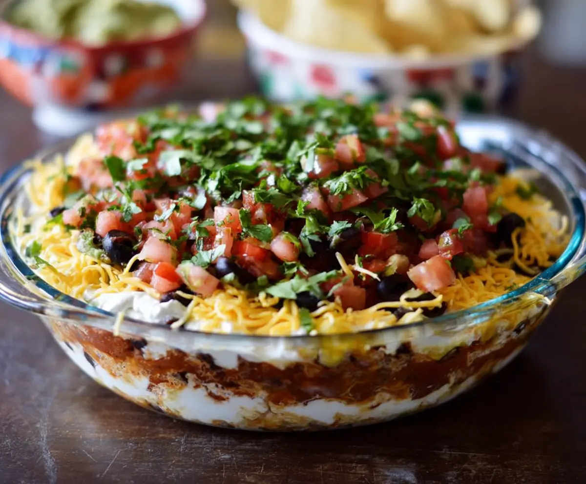 Delicious layered Tex-Mex dip with vibrant ingredients including cheese, beans, and salsa served in a clear dish.