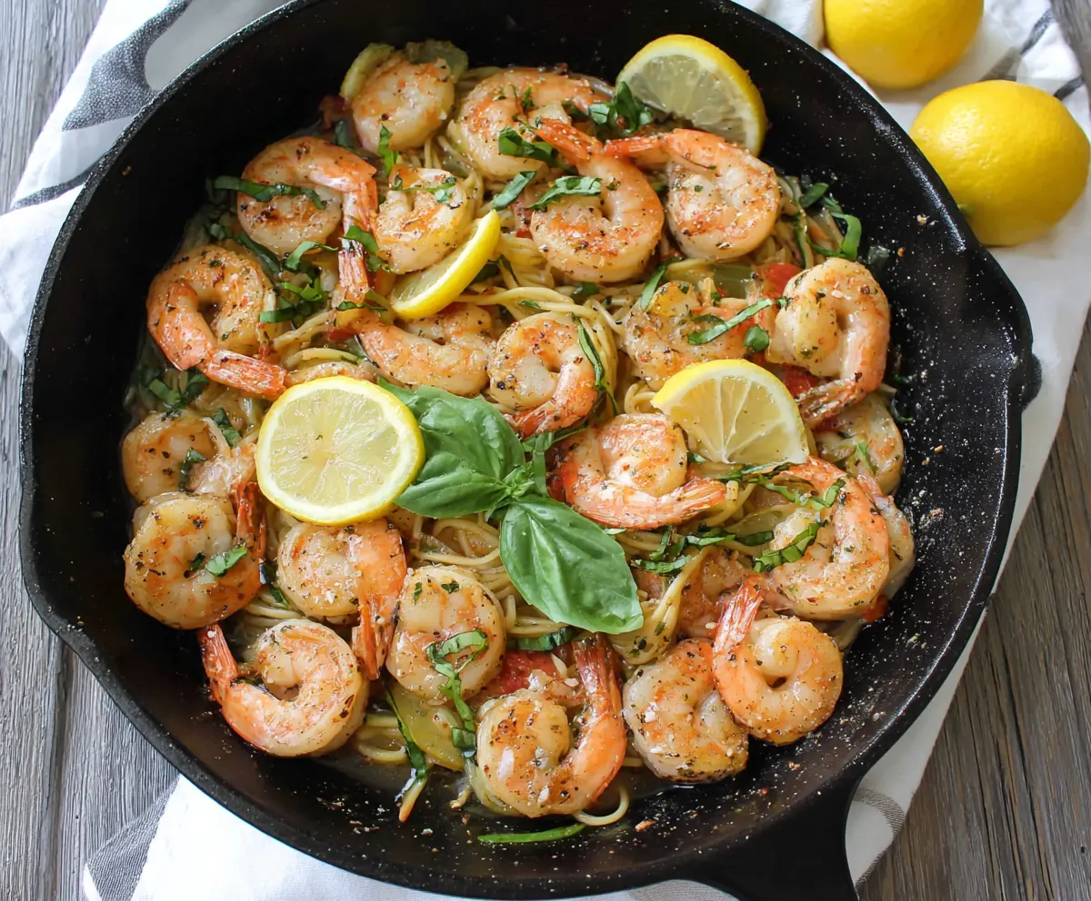 Delicious Lemon Basil Shrimp dish garnished with fresh herbs on a white plate.