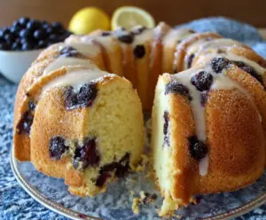 Delicious Lemon Blueberry Pound Cake with fresh blueberries and a lemon glaze on top.