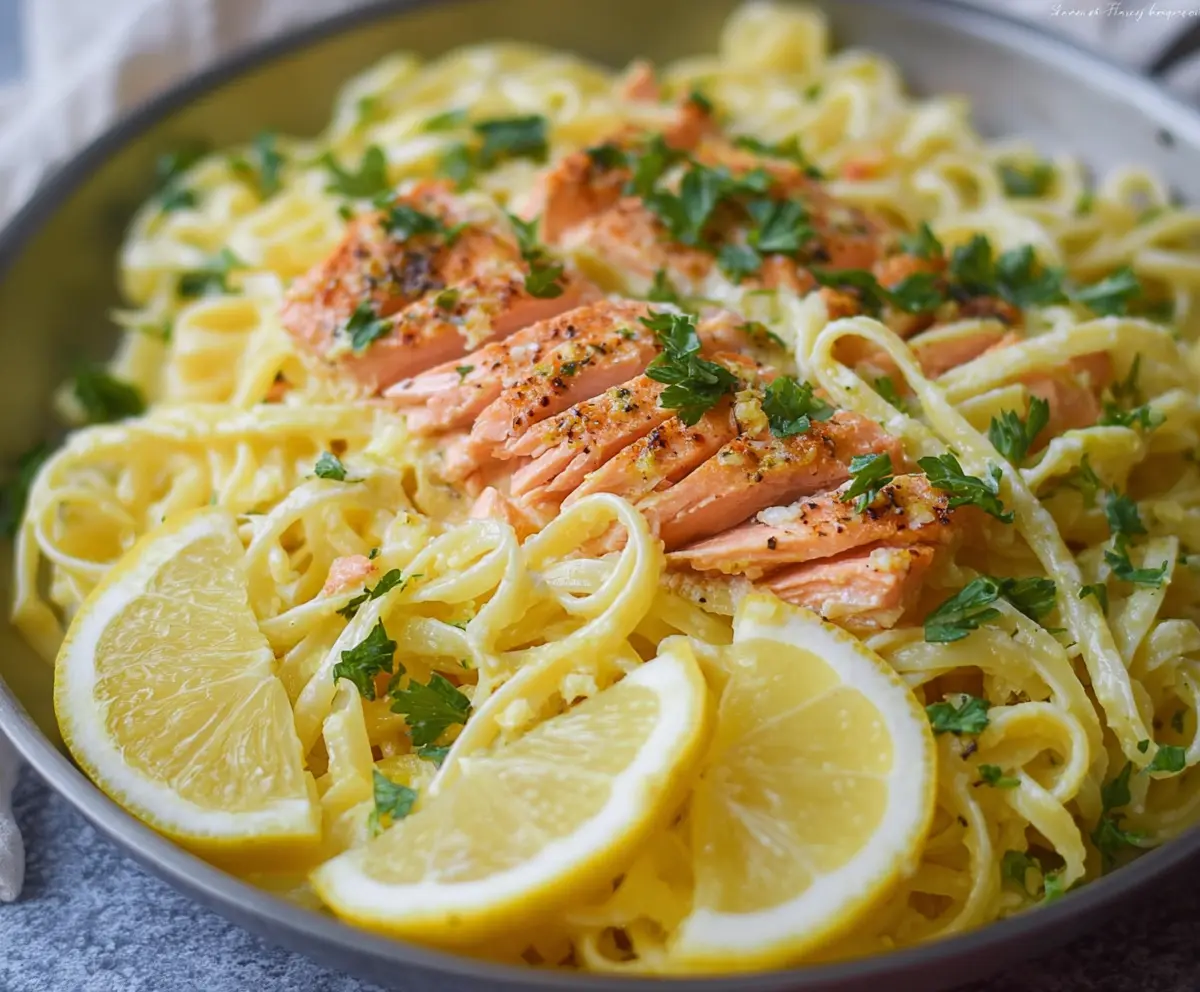 Creamy lemon butter salmon pasta served on a white plate, garnished with fresh herbs.