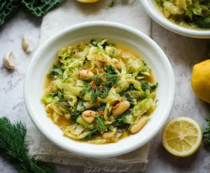 Refreshing Lemon Dill Cabbage Soup in a bowl with fresh herbs and lemon slices