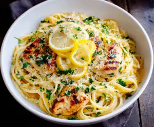 Delicious Lemon Garlic Chicken Pasta with fresh herbs and zesty lemon slices on a white plate.