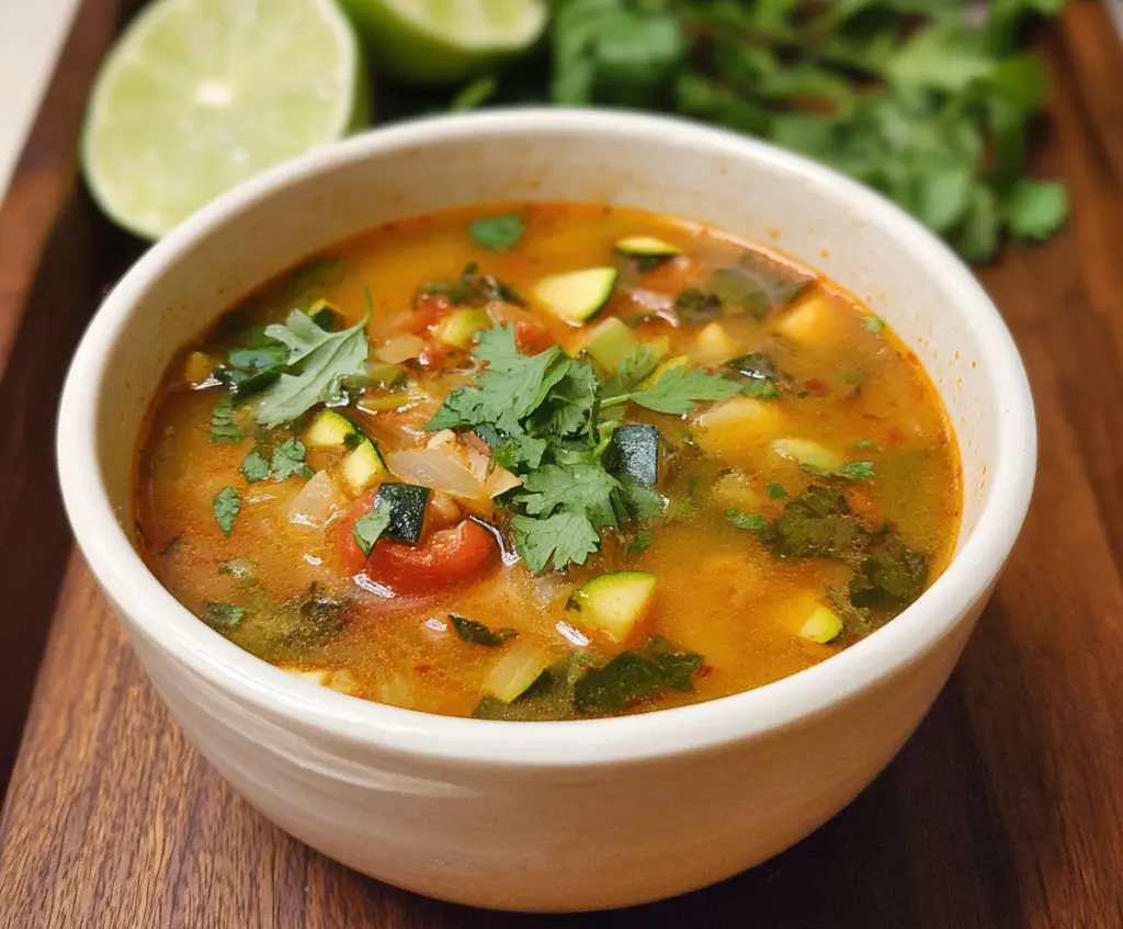 Delicious Mexican zucchini soup in a bowl garnished with fresh herbs.