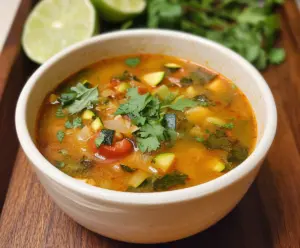 Delicious Mexican zucchini soup in a bowl garnished with fresh herbs.