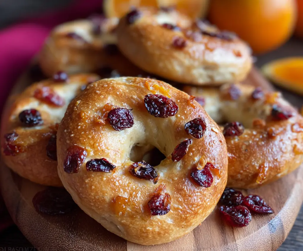 Fresh Mini Cranberry Orange Bagels with vibrant cranberries and zesty orange peel on a rustic wooden background.