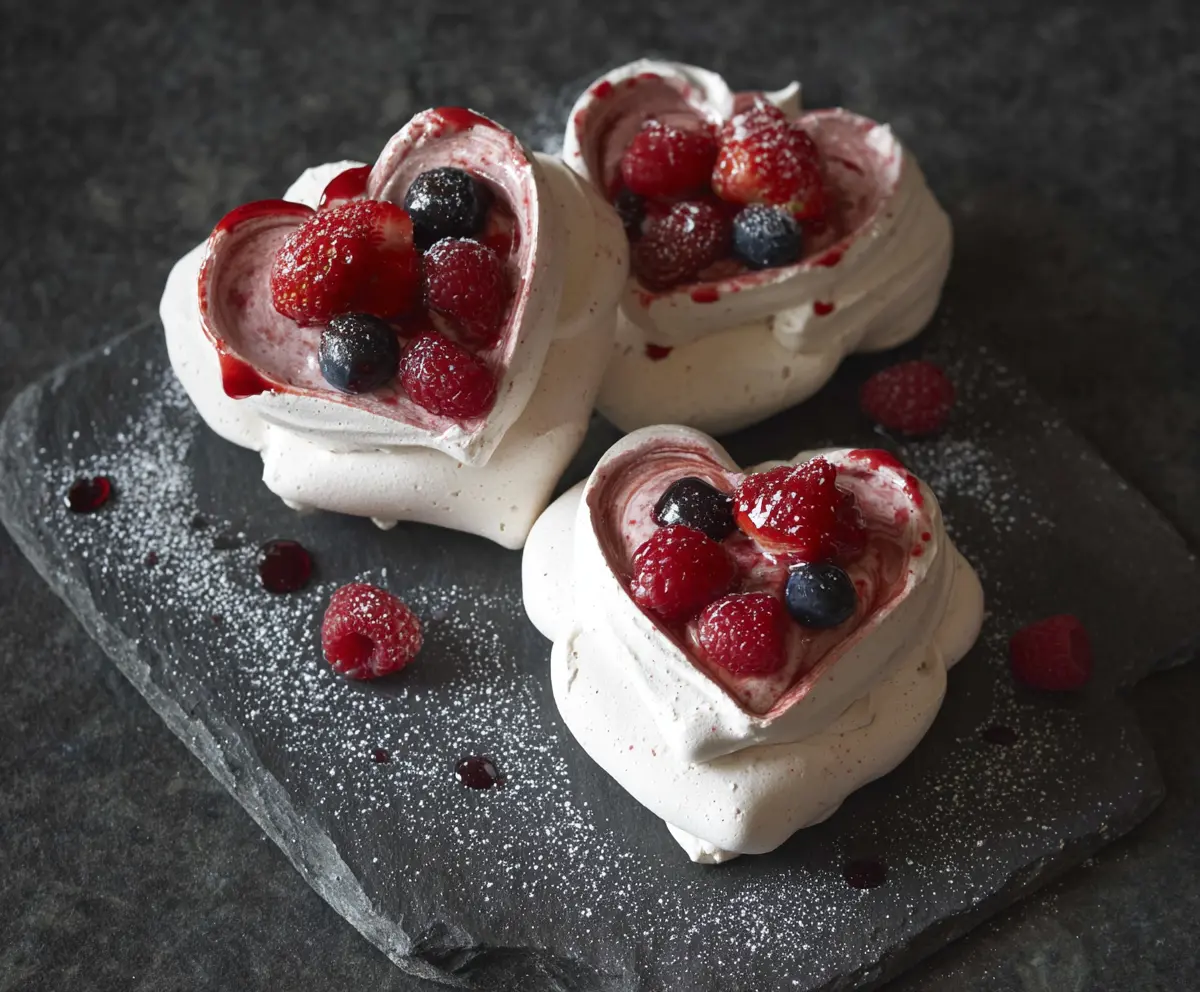 Delicious mini heart-shaped pavlovas topped with fresh strawberries and whipped cream on a elegant dessert plate.