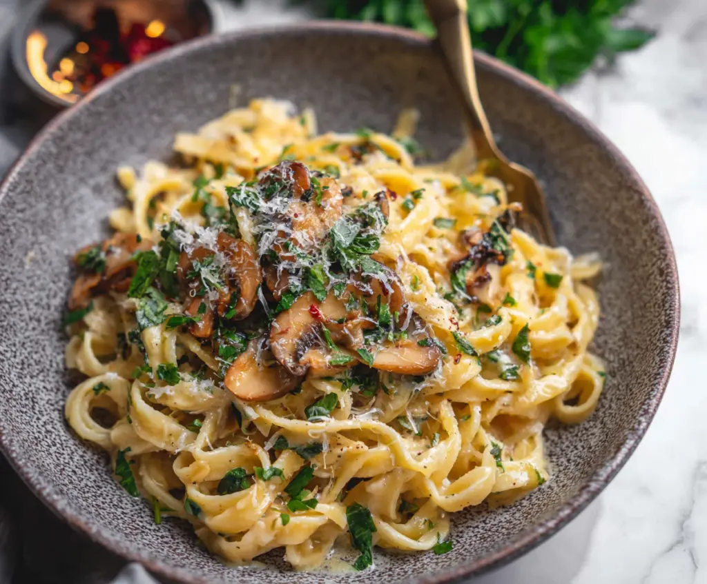 Delicious miso butter pasta garnished with fresh herbs served on a white plate