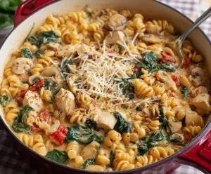 Delicious One Pot Tuscan Chicken Pasta with creamy sauce, sun-dried tomatoes, and fresh herbs in a serving bowl.