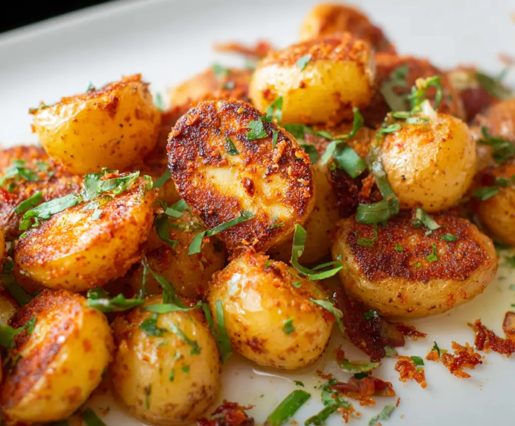 Golden Parmesan Crusted Baby Potatoes garnished with fresh herbs on a rustic plate.