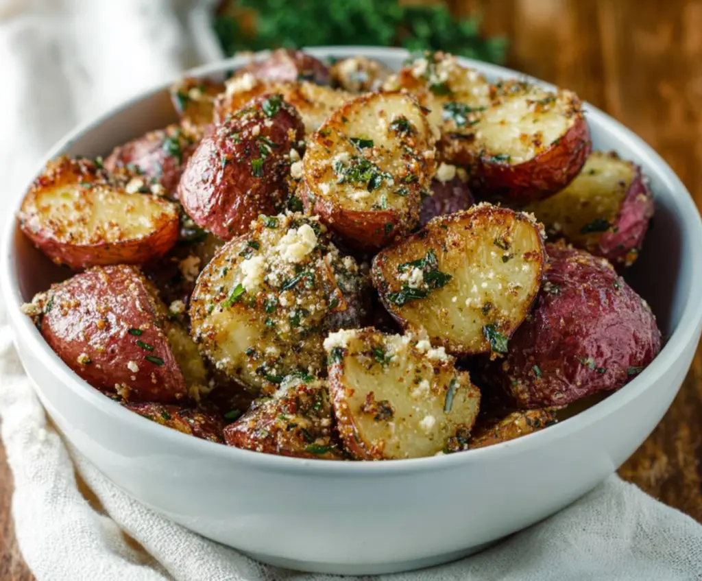 Delicious Parmesan Garlic Butter Red Potatoes, perfectly roasted with herbs and topped with fresh parsley.