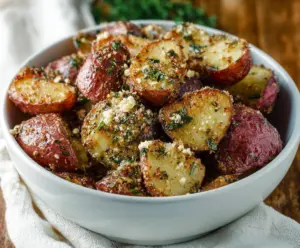 Delicious Parmesan Garlic Butter Red Potatoes, perfectly roasted with herbs and topped with fresh parsley.