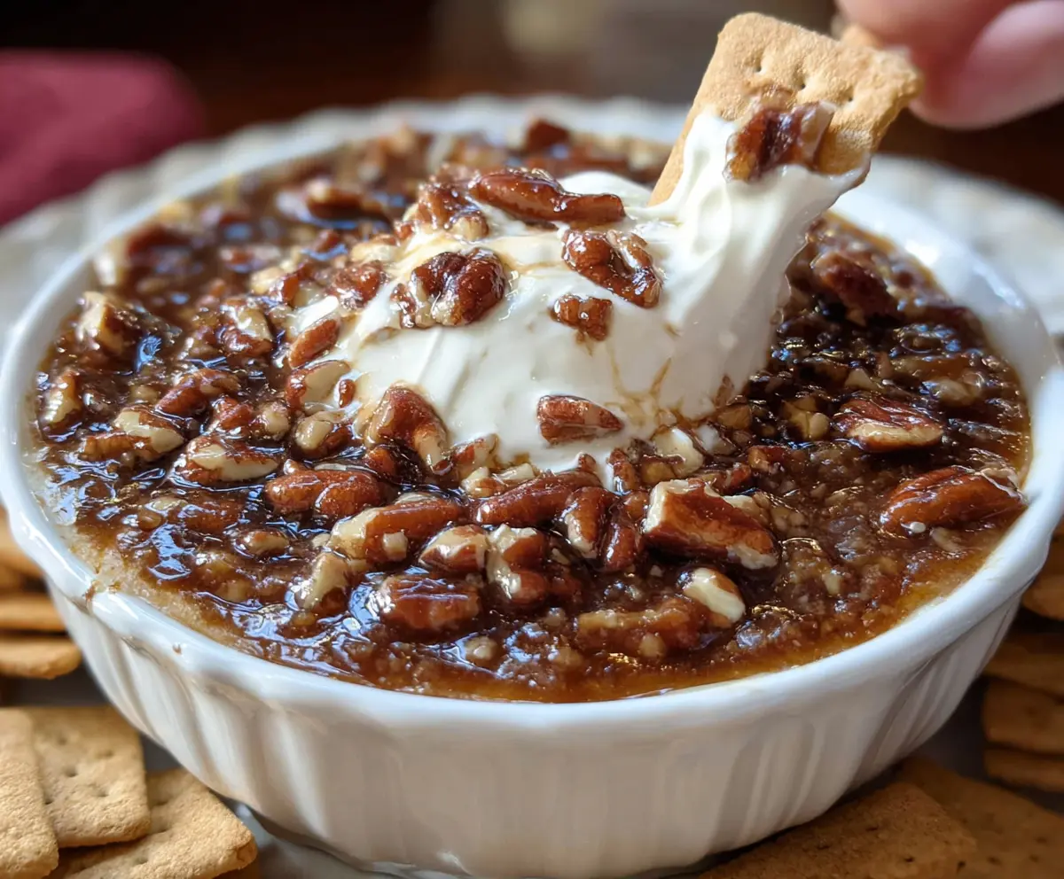 Creamy pecan pie dip with crunchy pecans served in a decorative bowl.