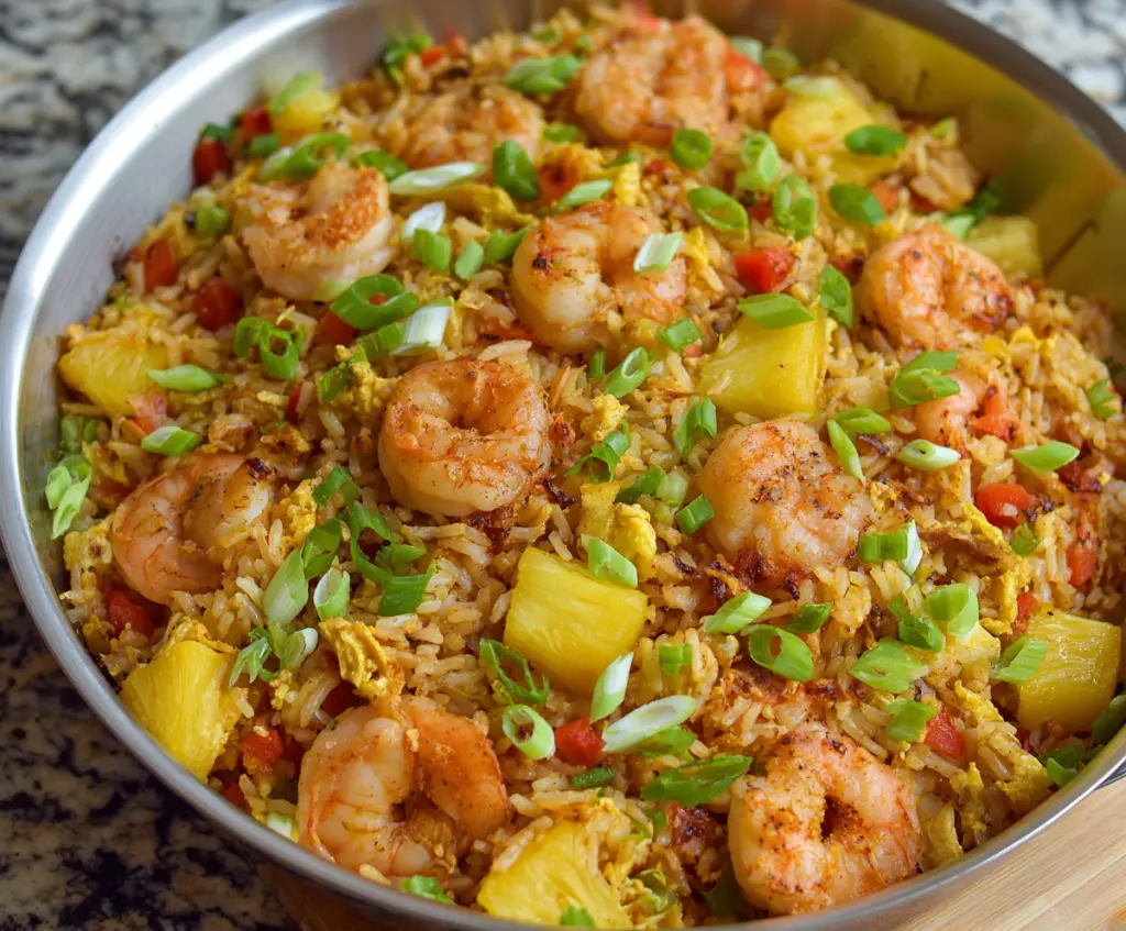 Delicious pineapple shrimp fried rice served on a plate, showcasing colorful ingredients with pineapple chunks and shrimp.