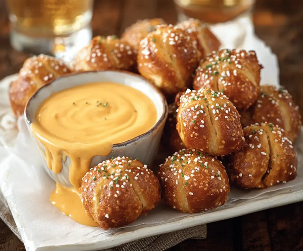 Golden pretzel bites served with creamy beer cheese dip, perfect for game night or snacks.