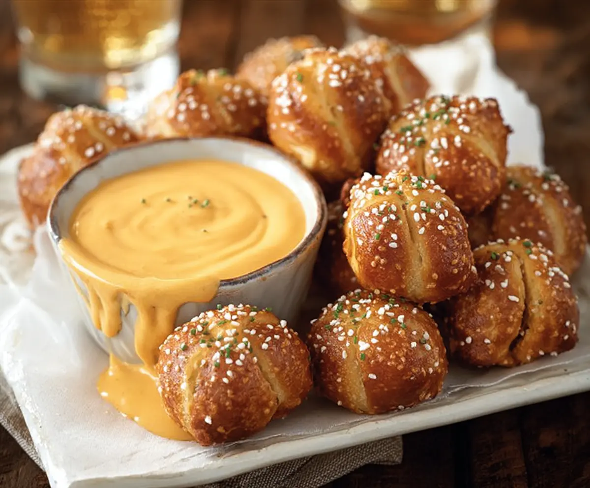 Golden pretzel bites served with creamy beer cheese dip, perfect for game night or snacks.