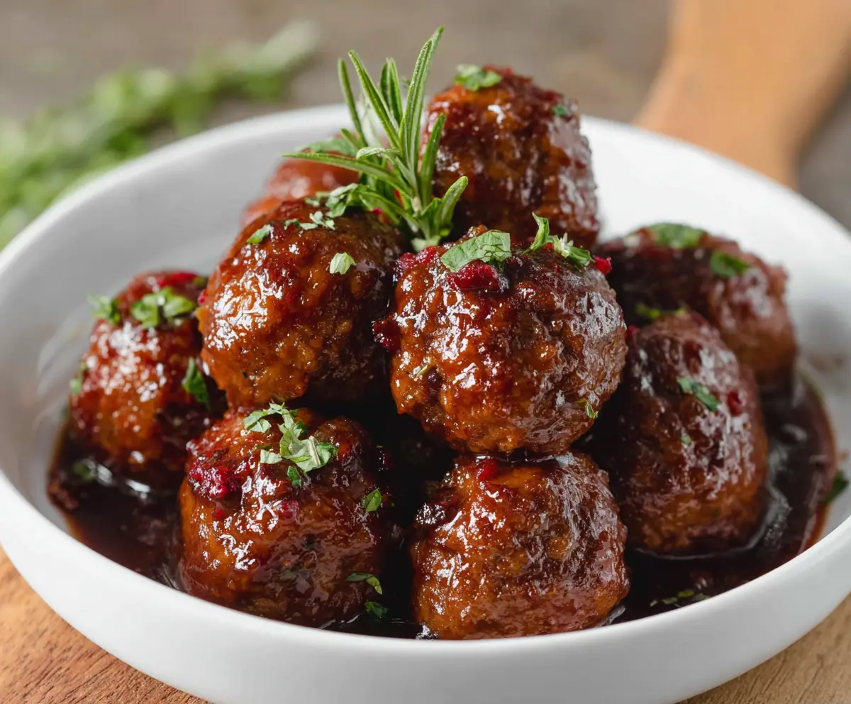 Juicy Raspberry Chipotle Meatballs served on a platter with fresh herbs and dipping sauce.