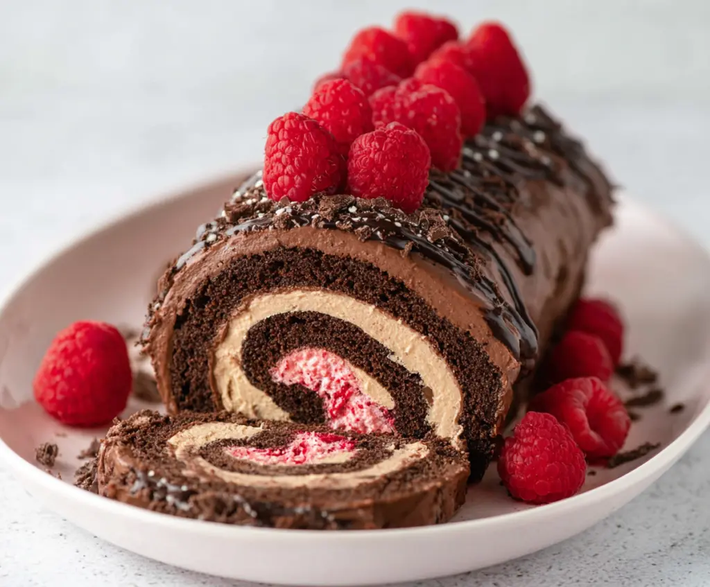 Delicious raspberry and chocolate Swiss roll dessert with fresh berries and whipped cream.