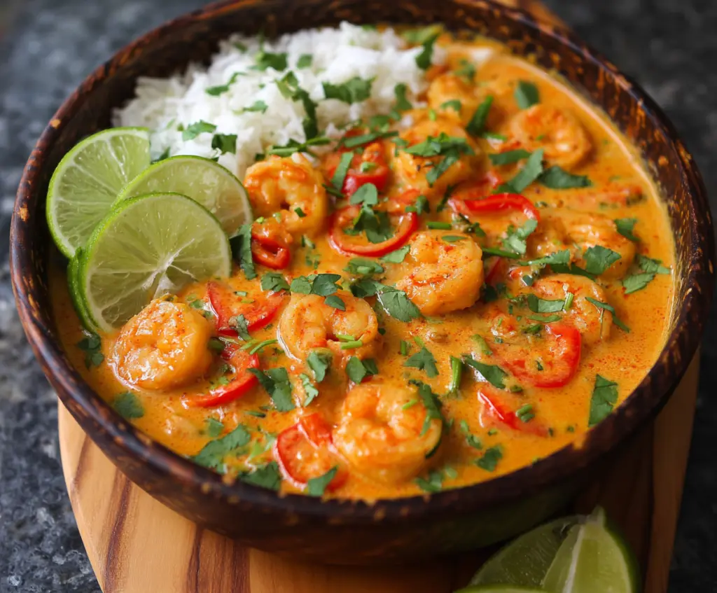 Delicious Red Thai Coconut Shrimp Curry served in a bowl with fresh herbs and jasmine rice.