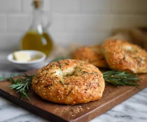 Freshly baked rosemary bagels with a golden crust on a wooden surface.