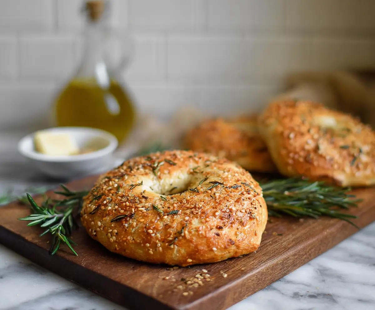 Freshly baked rosemary bagels with a golden crust on a wooden surface.