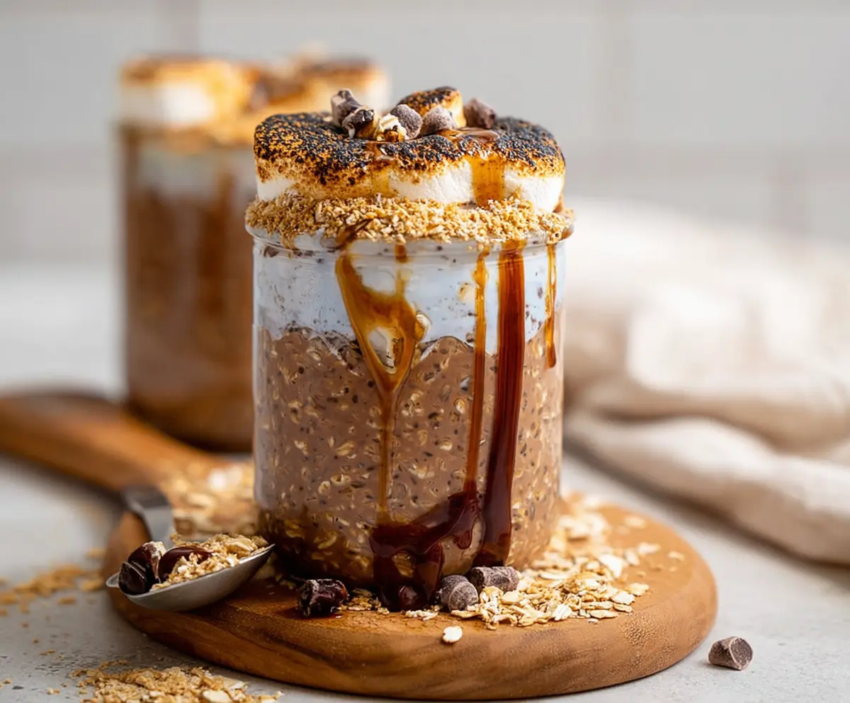 Delicious S’mores Overnight Oats in a jar topped with marshmallows and chocolate for a perfect breakfast treat.
