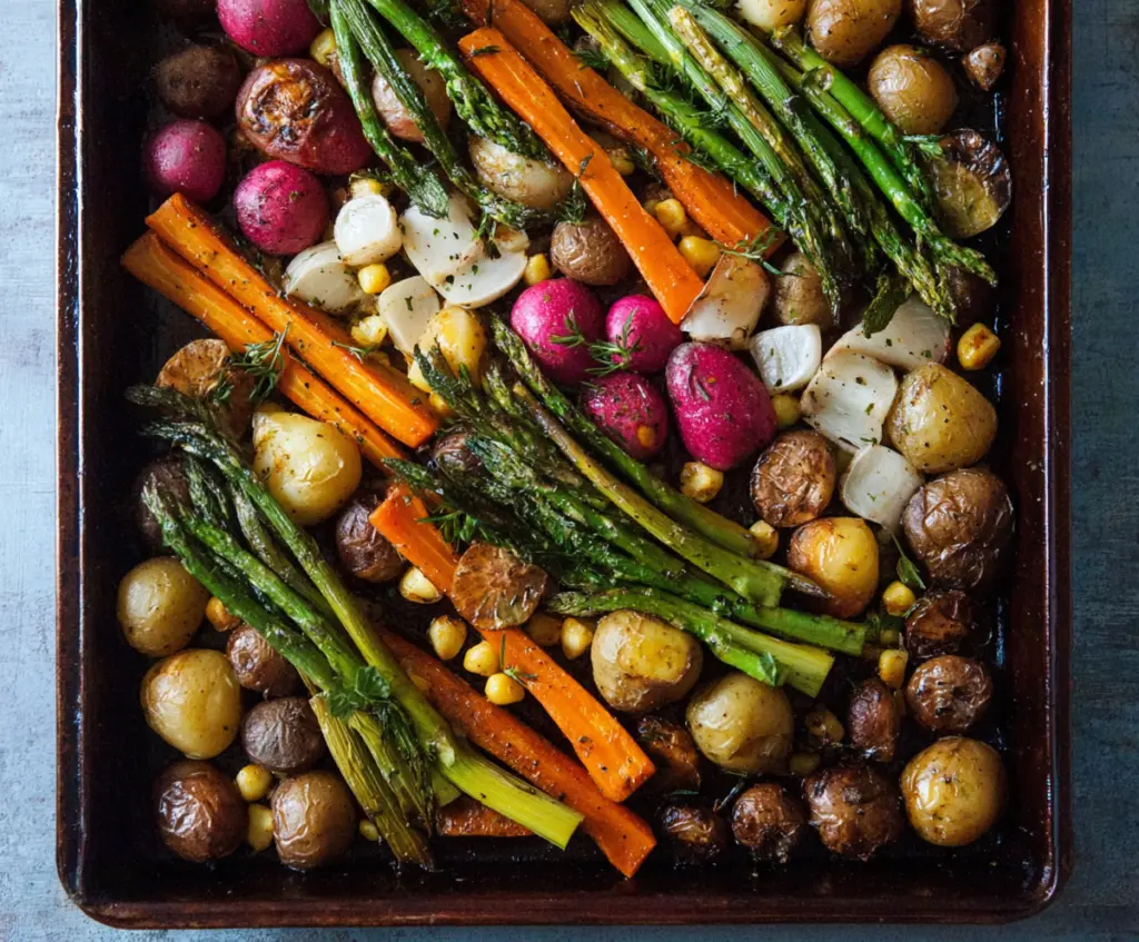 Colorful sheet pan with fresh spring vegetables including asparagus, cherry tomatoes, and bell peppers roasted to perfection.